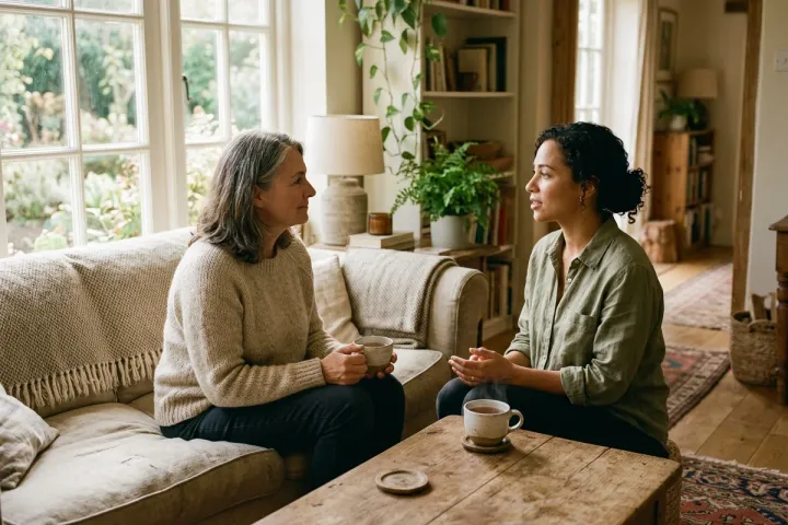 Dos personas conversando con serenidad y atención recíproca en un ambiente doméstico cálido